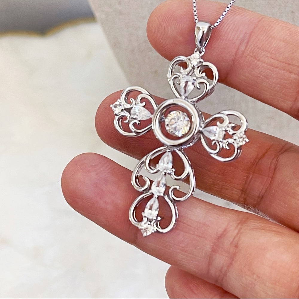BBJ Sterling AAA+ CZ Spinning CZ Cross Pendant Necklace Box Chain 17”